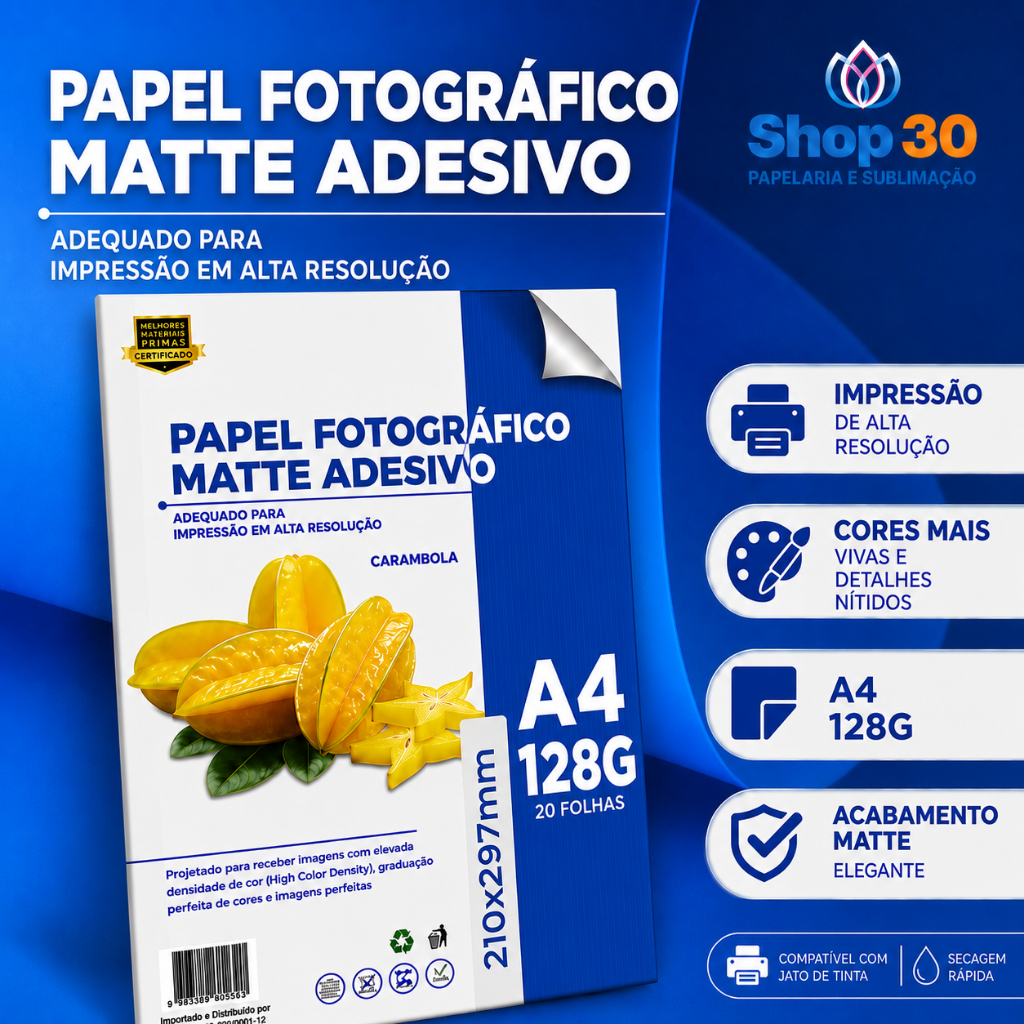 Folhas Papel Foto Adesivo A4 128g Matte - ENVIO 24H