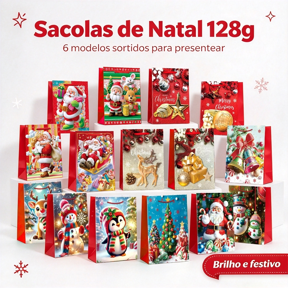 Sacolas de Natal 128g 6 Modelos Sortidos para Presentear Brilho e Festivo