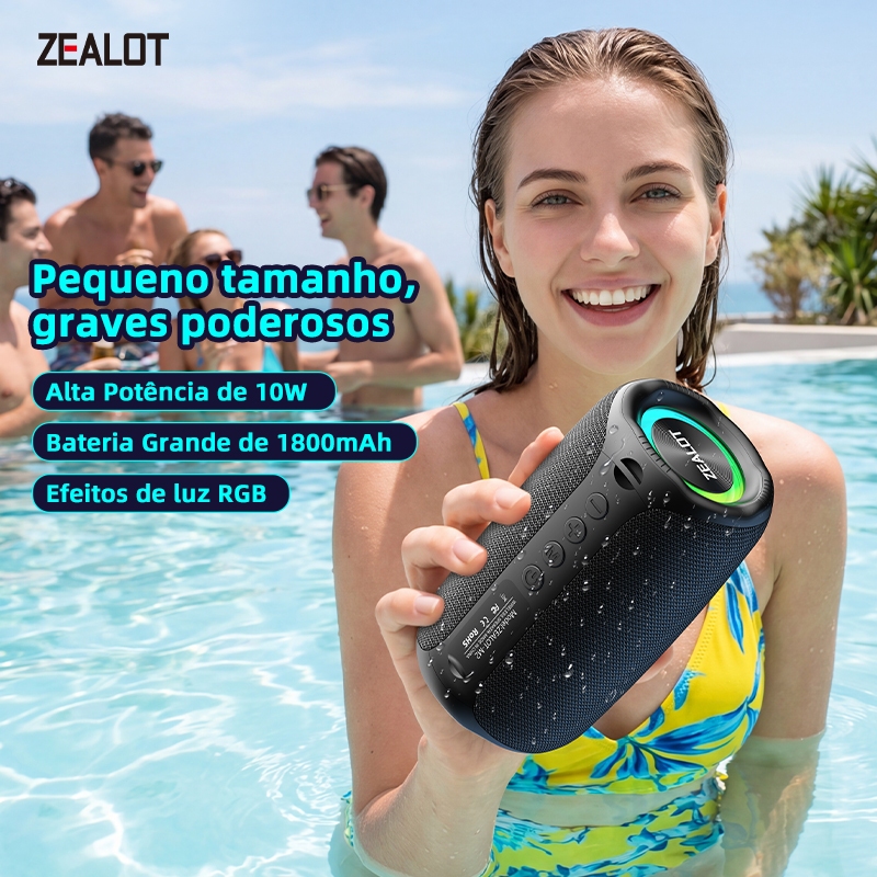 ZEALOT M2 Caixa de Som Portátil Bluetooth 10W IPX4 à prova d’água recarga PD45W QC18W Tipo-C cartão TF Shopee BR