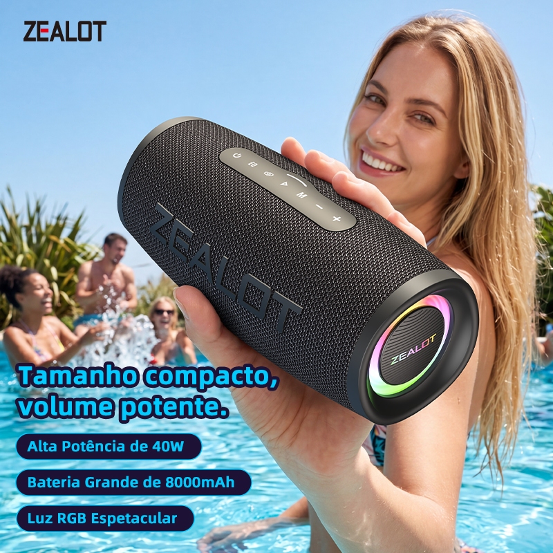 ZEALOT S56 Caixa Som Portátil Colorida 40W IPX6 Bateria 8000 PD45W QC18W Tipo-C Cartão TF Acampamento Shopee Brasil
