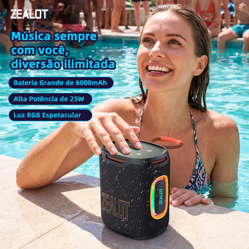 ZEALOT S122 Caixa Som Portátil Karaokê 25W IPX6 Bateria 6000 PD45W QC18W Tipo-C Cartão TF Festa Praia Shopee Brasil