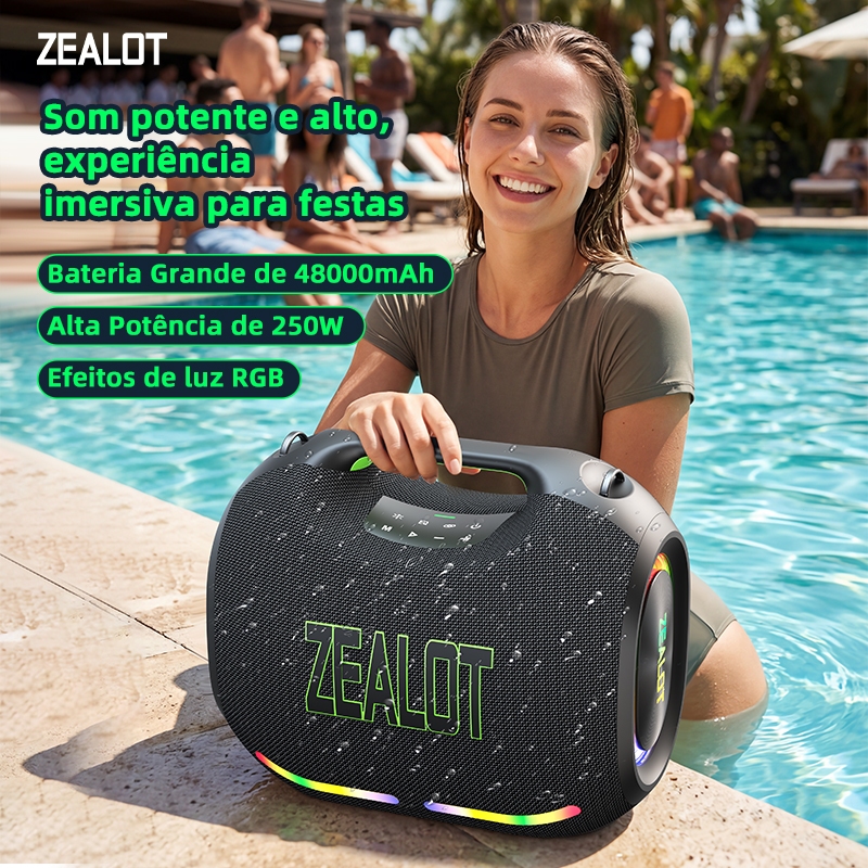 ZEALOT ZE21 Caixa Som Portátil 250W 5 Alto-Falantes Subwoofer Bateria 48000 IPX6 PD45W QC18W Carregador TWS Shopee