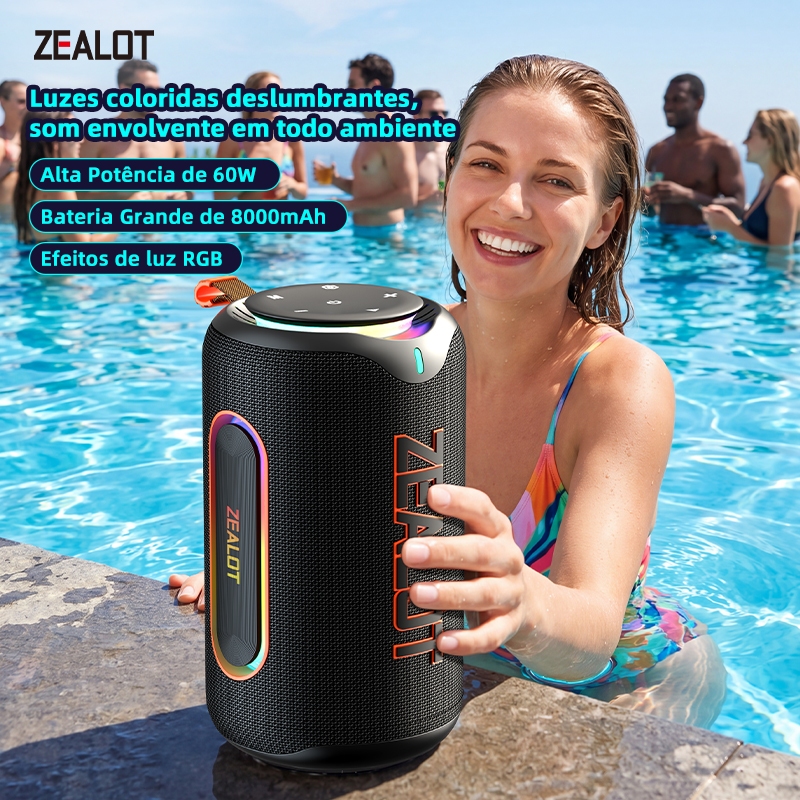 ZEALOT MP1 Caixa de Som Portátil 60W Estéreo IPX6 Bateria 8000 Recarga PD45W QC18W Tipo-C Cartão TF Shopee Brasil
