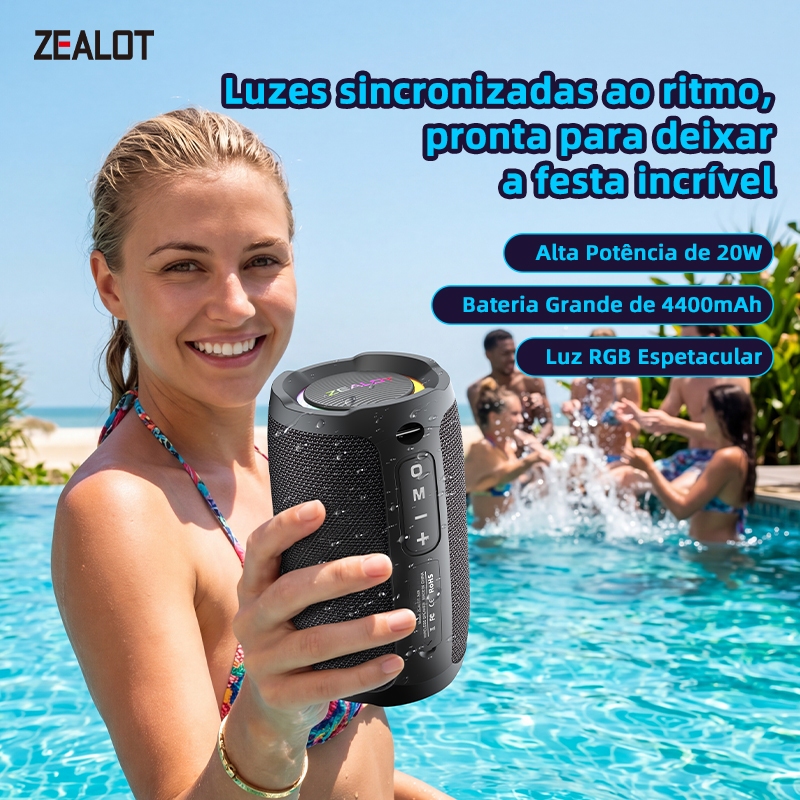 ZEALOT S49 Caixa Som Portátil RGB 20W Estéreo IPX6 Bateria 3600 PD45W QC18W Tipo-C Cartão TF Shopee Brasil