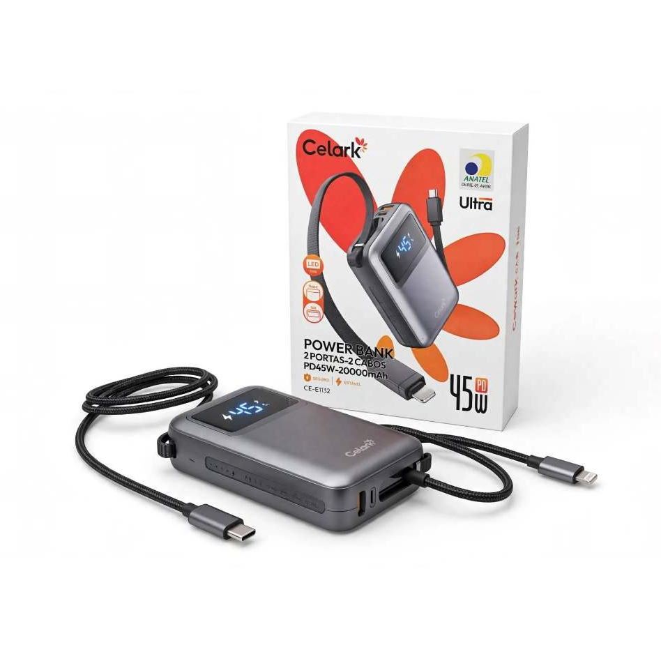 Power Bank 2 portas 2 cabos Tela Led PD45W Celark CE-E1132 Tipo C IOS
