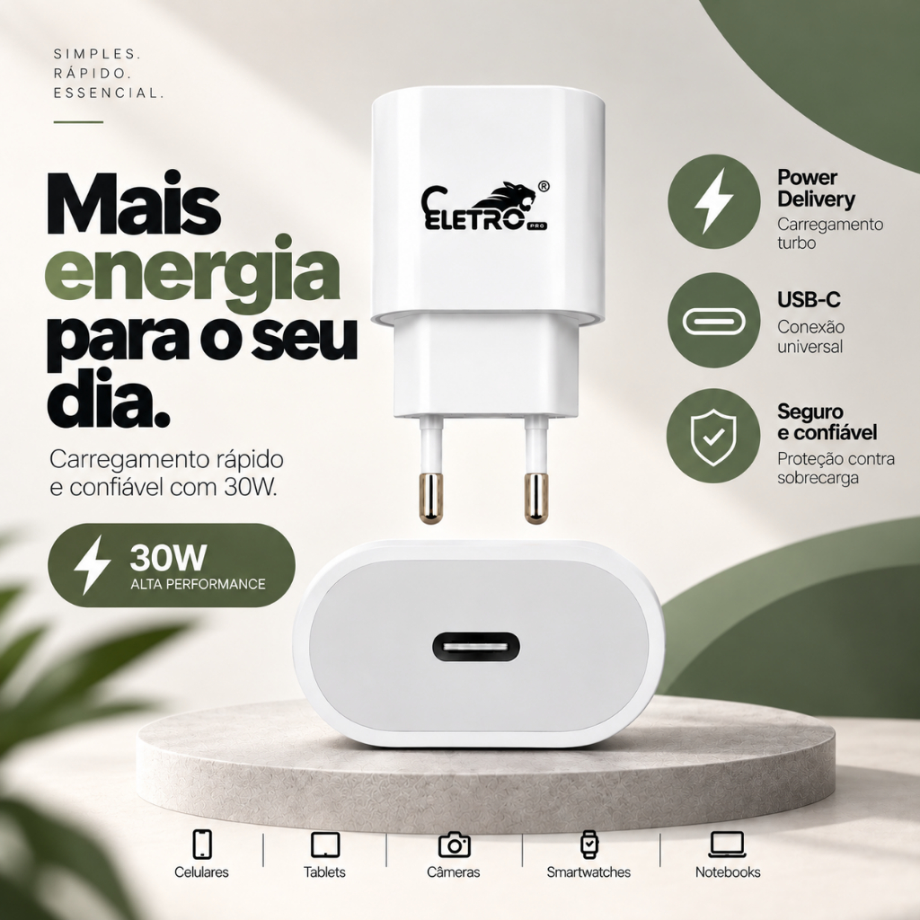 Tomada Carregador Parede 30wats Para Celular, Tablet E Smart Watch