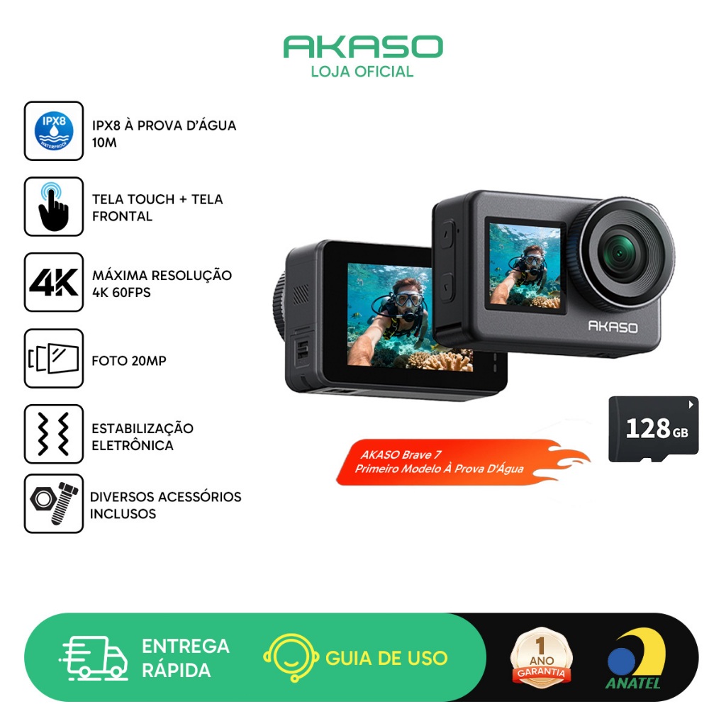 Câmera de Ação AKASO Brave 7 4K 20MP, Tela Tátil IPX8, EIS 2.0, Controle por Voz, Com Cartão 128GB