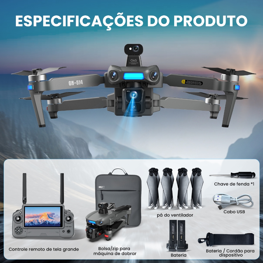 Câmera 4K Ultra HD Gimbal 3 Eixos, Evitação de Obstáculos 360°, Controle com Tela, 2 Baterias + Bolsa de Transporte