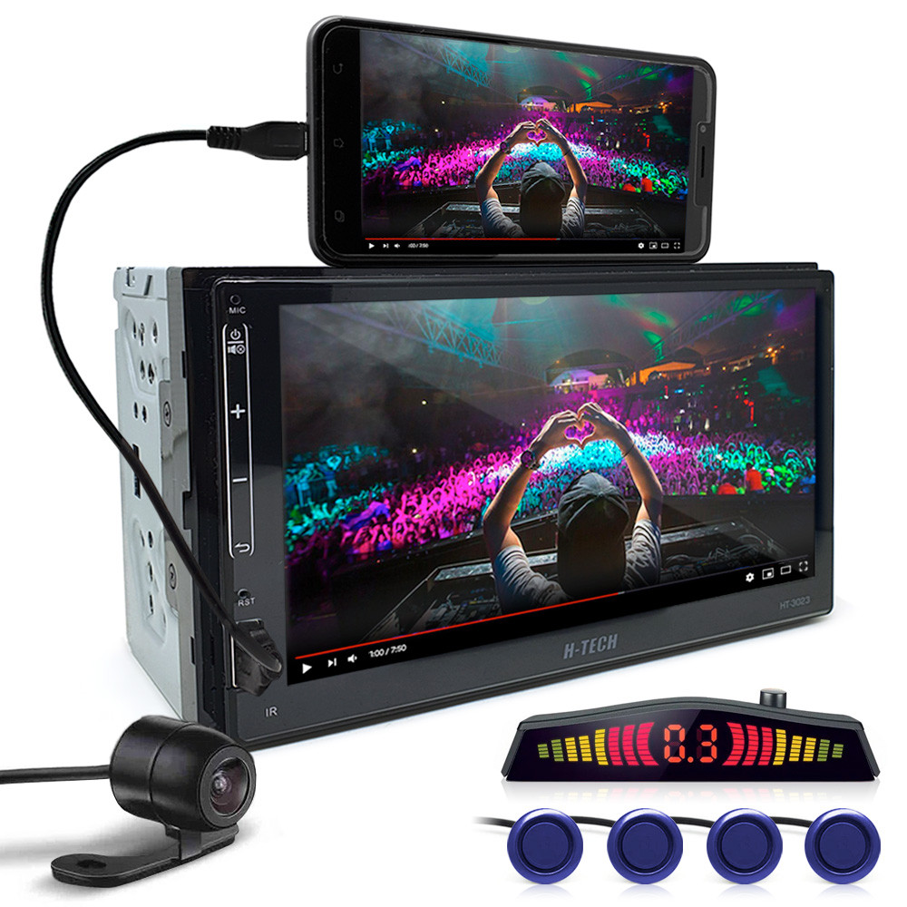 Kit Multimídia + Câmera Ré + Sensor Ré Azul Crossfox 2010 2011 2012 2013 2014 2015 Padrão Japonês Android Auto Carplay