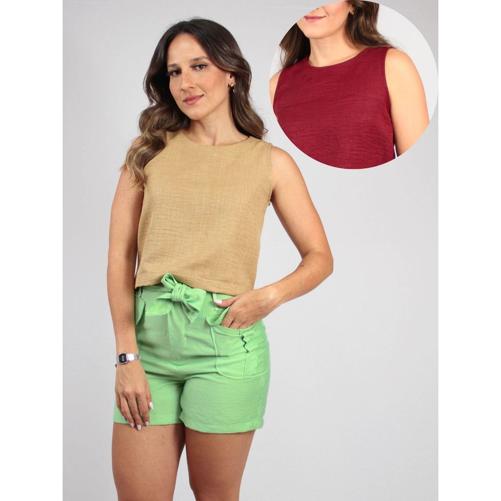 Cropped Feminino Linen Structured Básico Versátil Diversas Cores Elegante Sem Decote