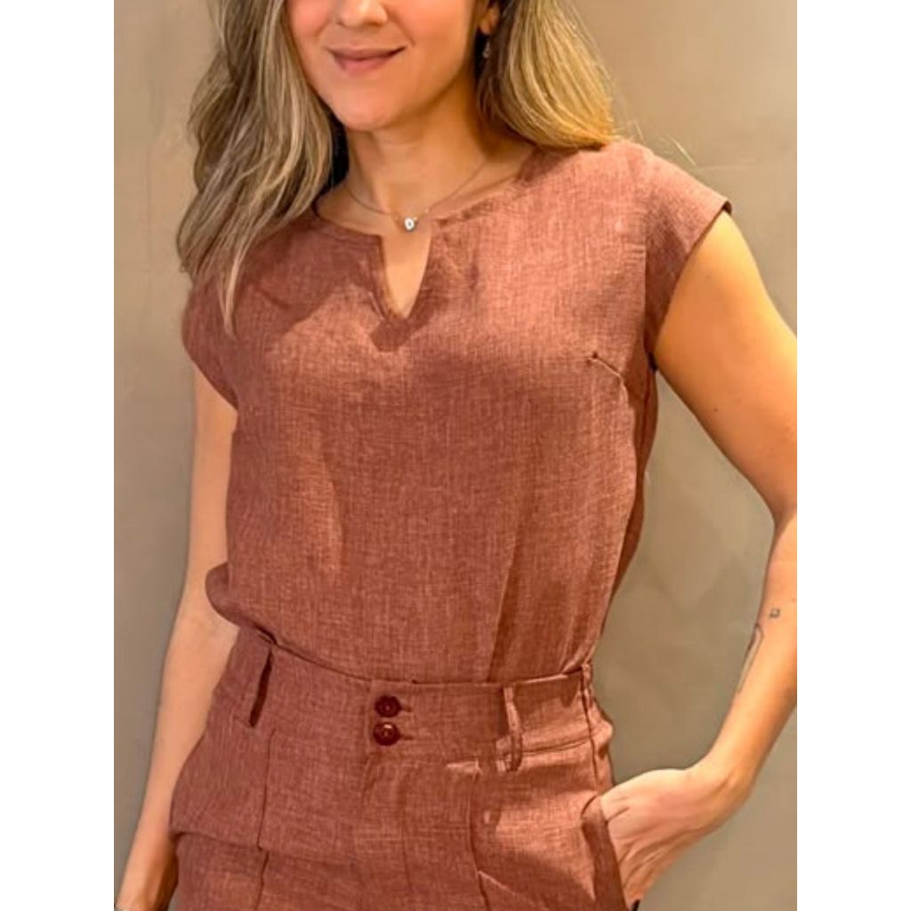 Blusa Feminina Linen Manga Space Decote V Básica Lisa Sem Transparência Social Estilo Office