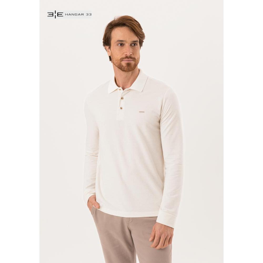 CAMISA POLO MASCULINA HANGAR 33 OFF WHITE PIQUET LINEN MANGA LONGA