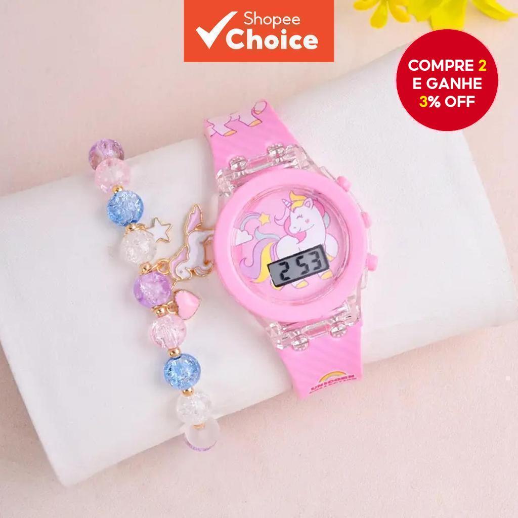 Conjunto De Relógio Digital De Silicone Arco-Íris Unicórnio E Pulseira De Contas Para Meninas , Presente De Pulso Eletrô