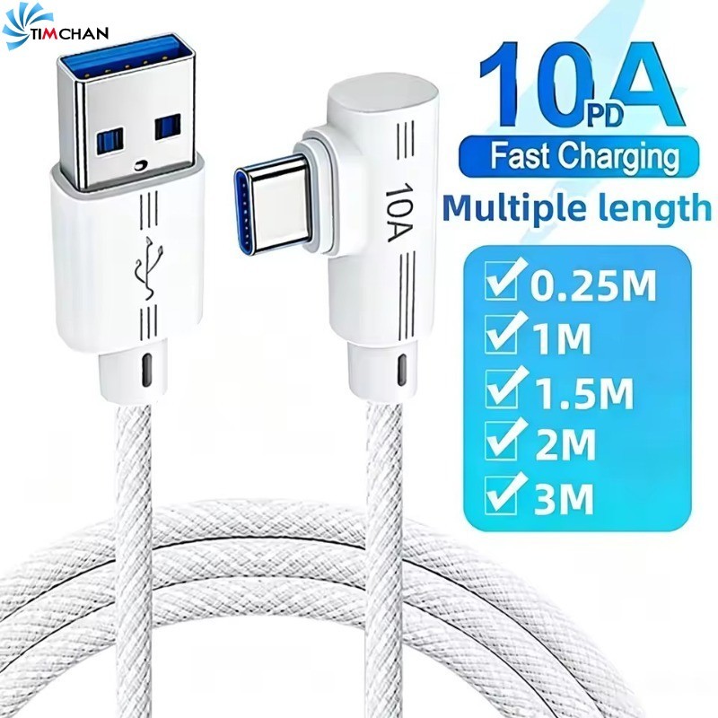 [Brilhante] 2-1Pcs 90 ° Cabo De Dados Elbow 10A USB Tipo C-Cabos-De Carregamento Rápido-Fio Trançado Alta Velocidade-Tra
