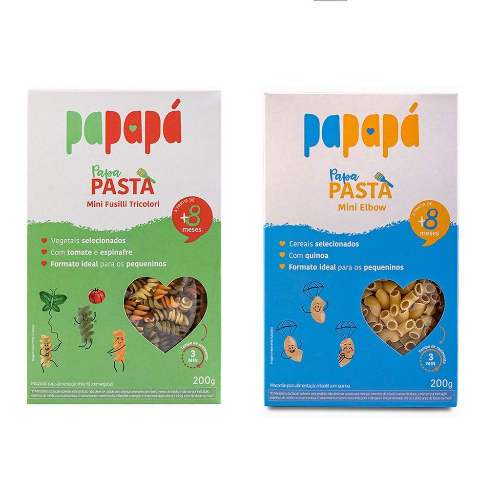 Kit 2 Macarrao Infantil:  Mini Fusilli Tricolori com Vegetais  e   Mini Elbow com Quinoa - 400g