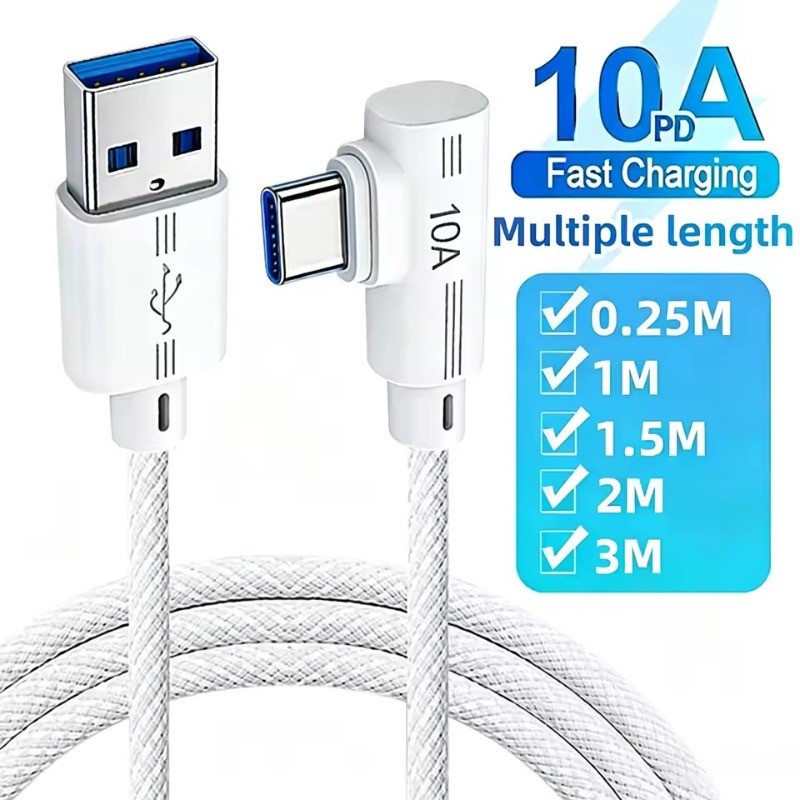 2-1Pcs 90 ° Cabo De Dados Elbow 10A USB Tipo C-Cabos-De Carregamento Rápido-Fio Trançado Alta Velocidade-Transferência D