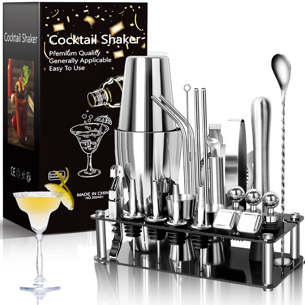 Kit Coqueteleira Profissional 23pcs Em Aço Inox Kit Bartender 750ml Com Prateleira De Armazenamento