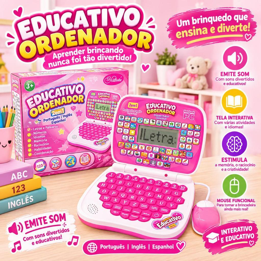 Computador Infantil Educativo com Mouse e Som – Brinquedo 2 em 1 Letras, Números, Palavras e Idiomas