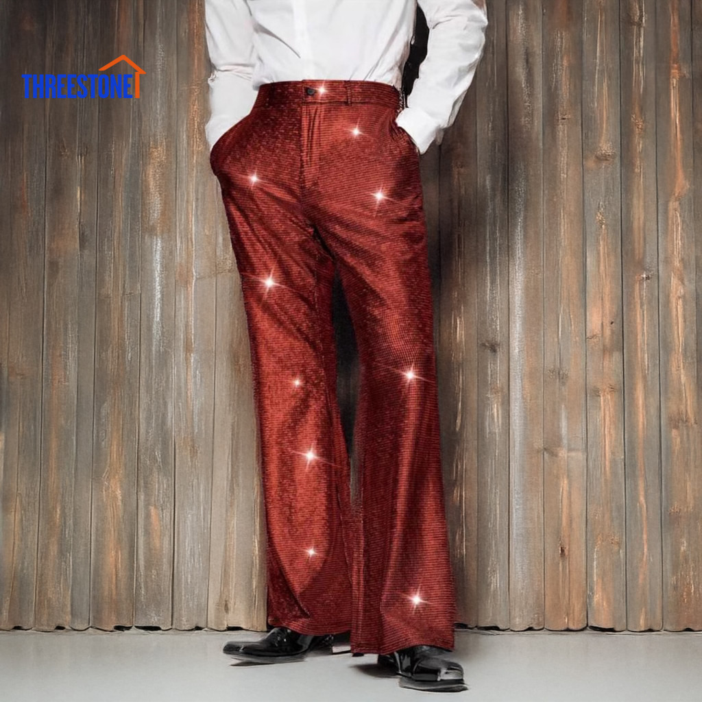 Durable Men Party Pants Sequin Detail Trousers Men's Shiny Wide Leg Suit with Pockets – Stylish Wedding Nightclub Danc