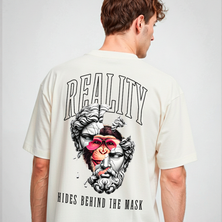 Camiseta REALITY HIDES BEHIND THE MASK Streetwear Filosofia Arte Grega Gótica Algodão Unissex Costas