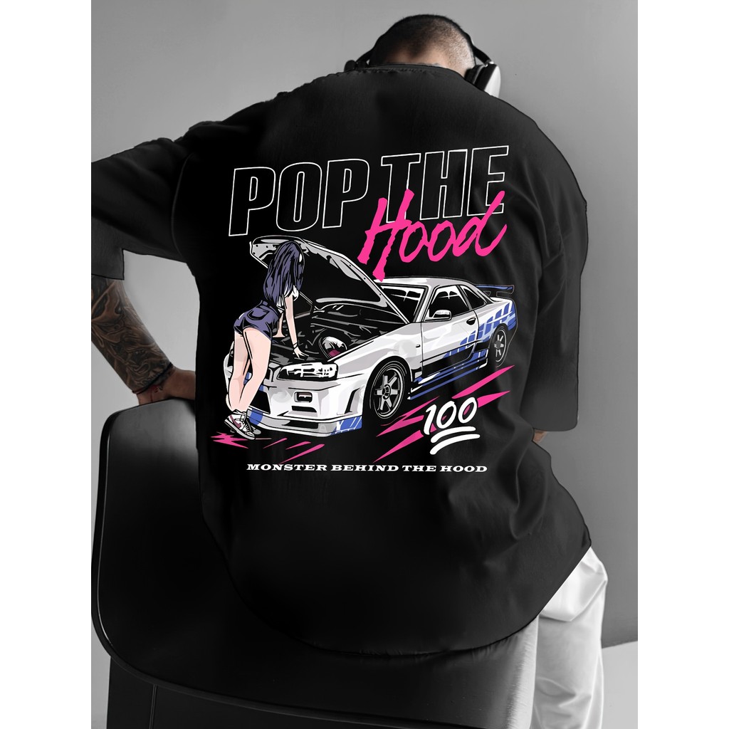 Camiseta 2026 T-shirt Camiseta Masculina POP THE HOOD Monster Behind Hood Streetwear Carro Estampa Casual Esportes Confo