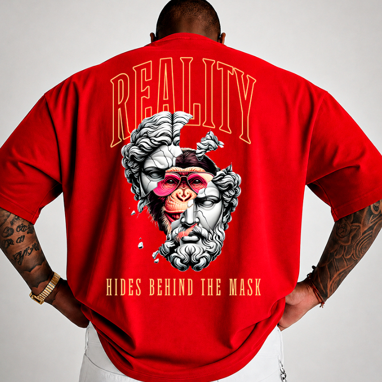 Camiseta REALITY HIDES BEHIND THE MASK Streetwear Filosofia Arte Grega Gótica Algodão Unissex Costas