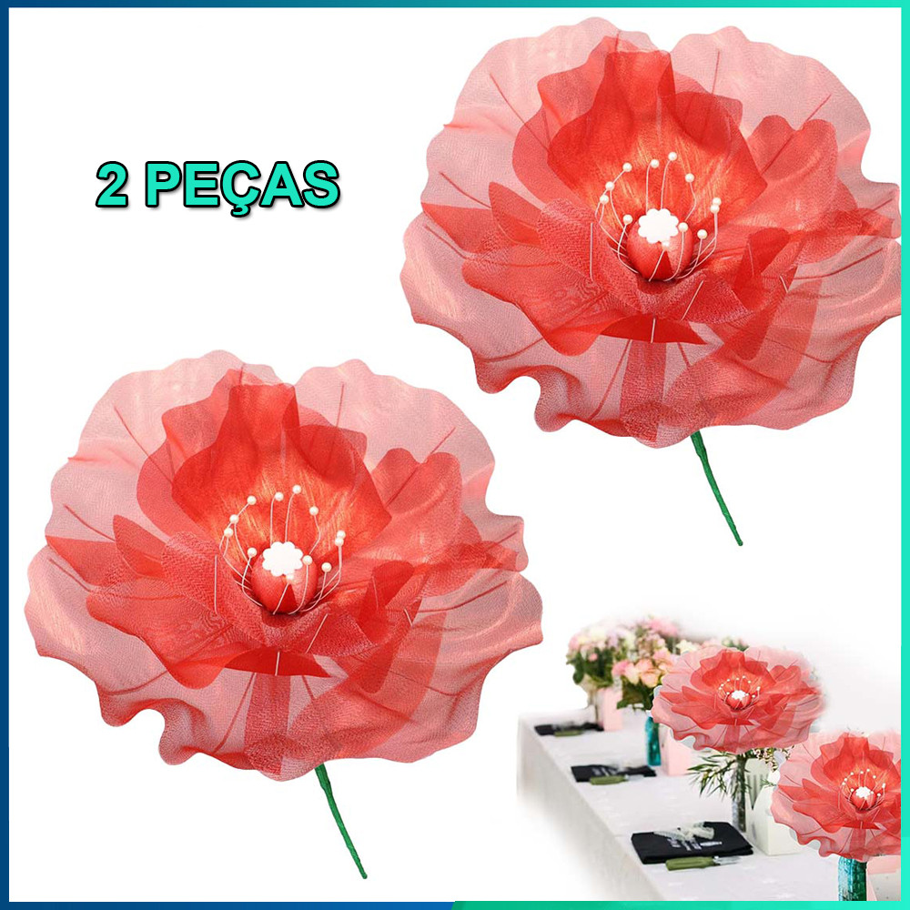 2pçs Flors de gaze artificial para recepção de casamento festa de aniversário decoração falsa para casamento Vermelho