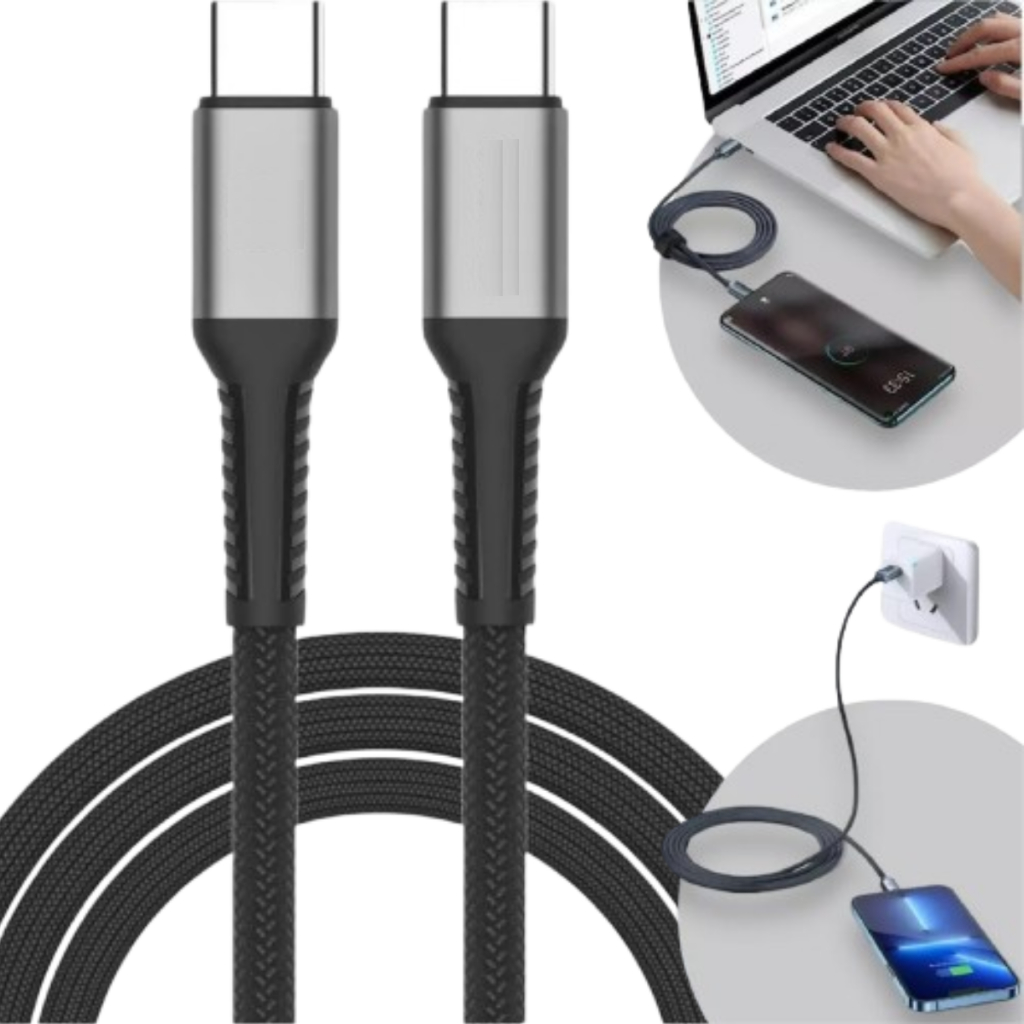 Cabo Turbo Tipo C Duplo 2 Metros Carregador e Dados Com Chip E-mark Compatível Com Android Ios Notebook