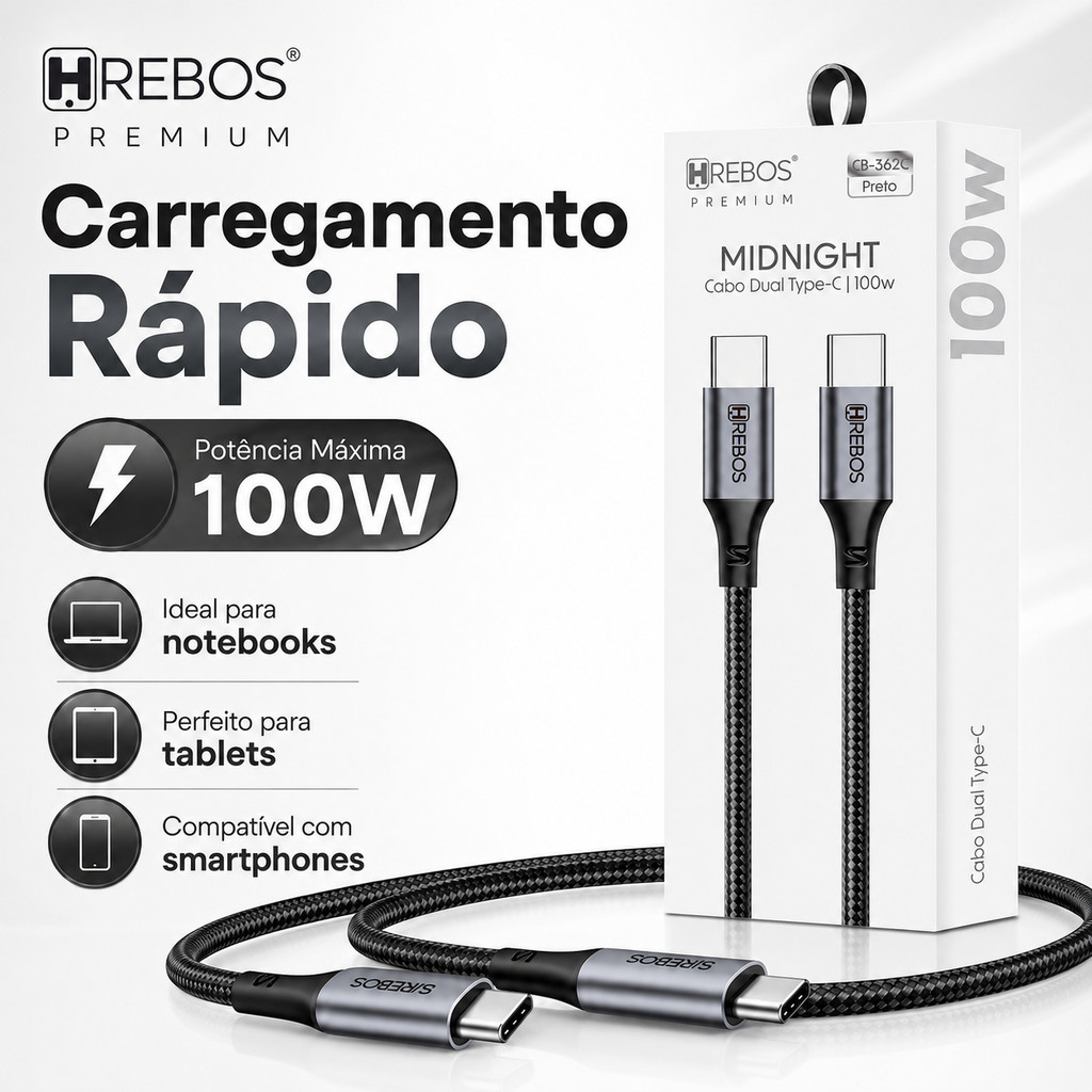 Cabo Tipo C 100W USB P/ Tipo C Turbo 1m 2m Android, IPhon 15 16 17 Tablet Notebook