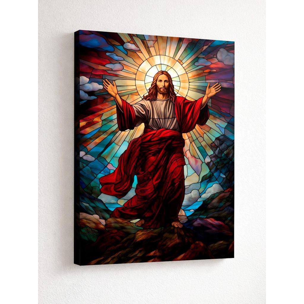 Quadro Decorativo Jesus nos Céus com Vitral em Tela 90x50cm Impressão Digital de Alta Definição Arte Religiosa Cristã