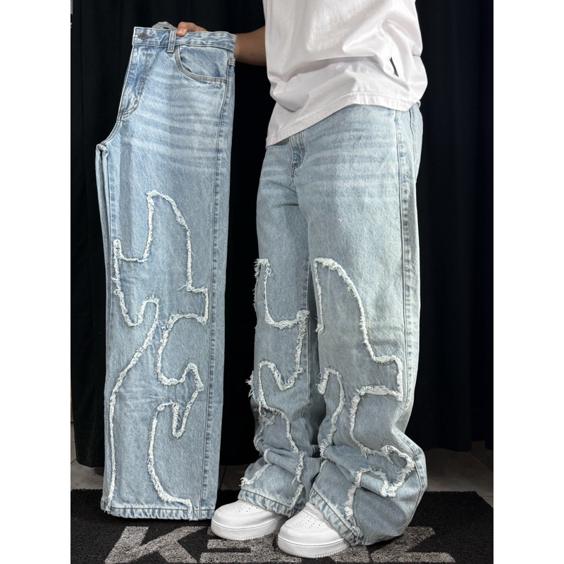 Calça Jeans Reta PatchWork Sky Blue