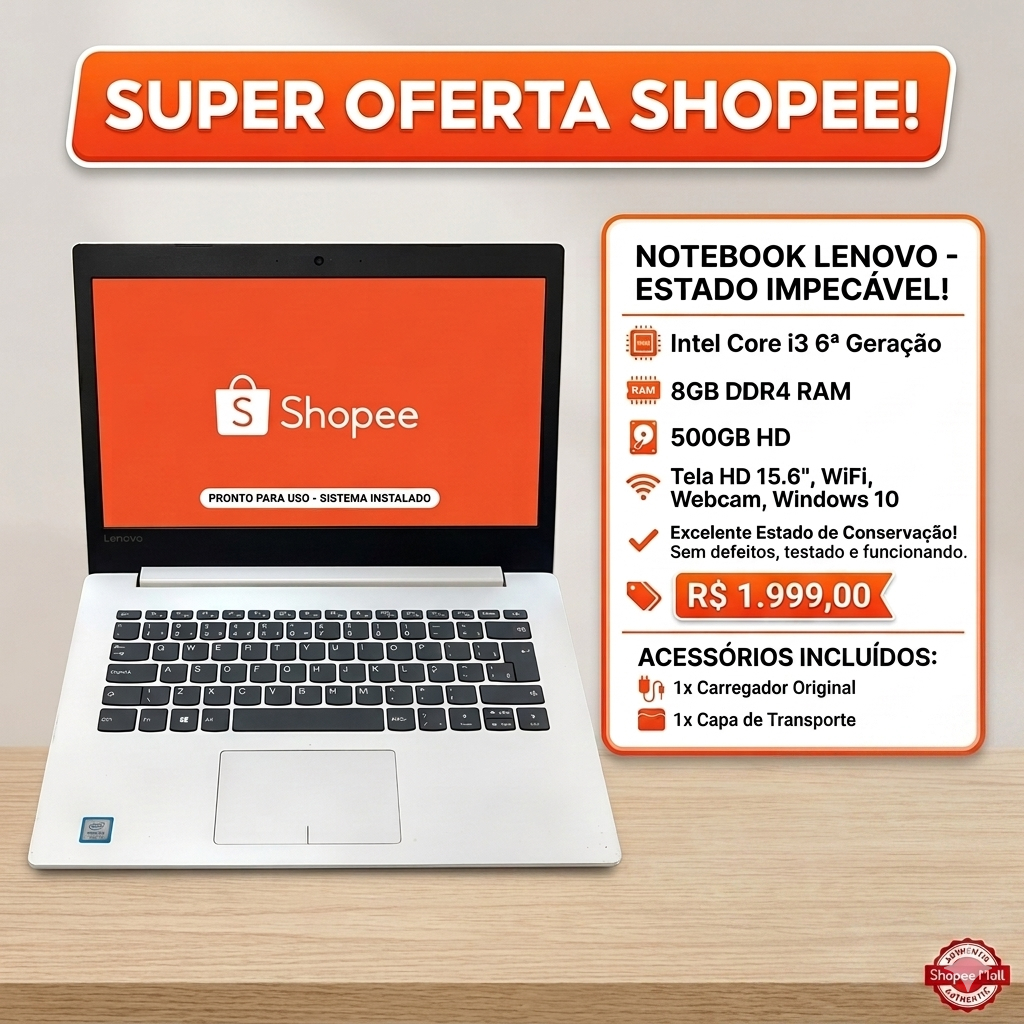 Notebook Lenovo i3 6ª Ger 8GB 500GB Branco Recondicionado Excelente Estado