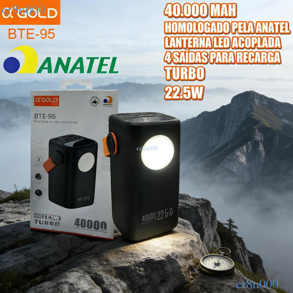 Power Bank A'Gold 40000mAh, Carregador Rápido 22.5W, para Notebook e Dispositivos BTE-95 ✨cr8n000