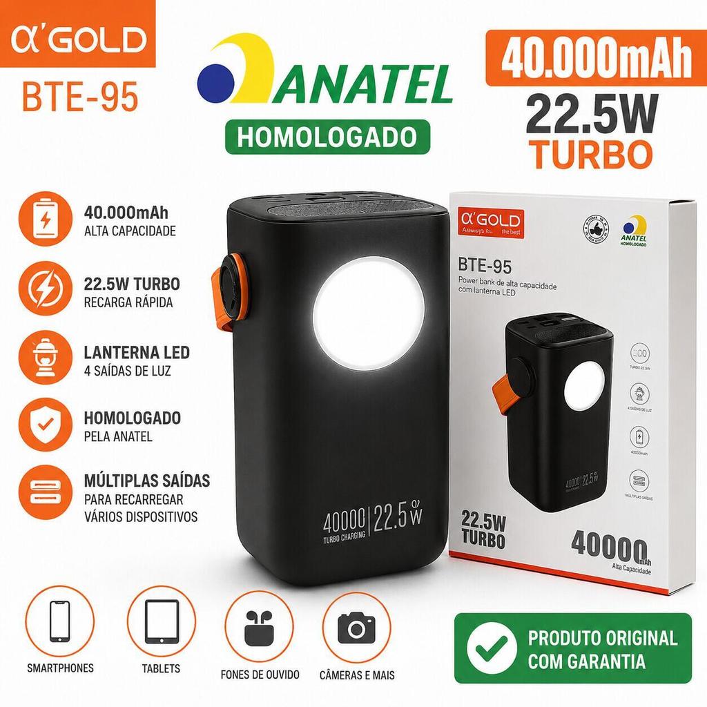 Power Bank A'GOLD 40000mAh 22.5W BTE-95 - Carregamento Rápido Portátil para Notebook e Celular