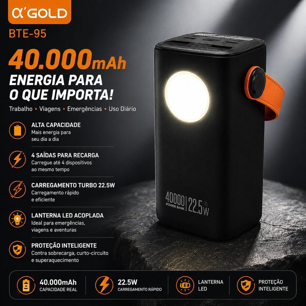 A'GOLD Power Bank 40000mAh 22.5W BTE-95 - Carregador Portátil Rápido para Notebook e Celular