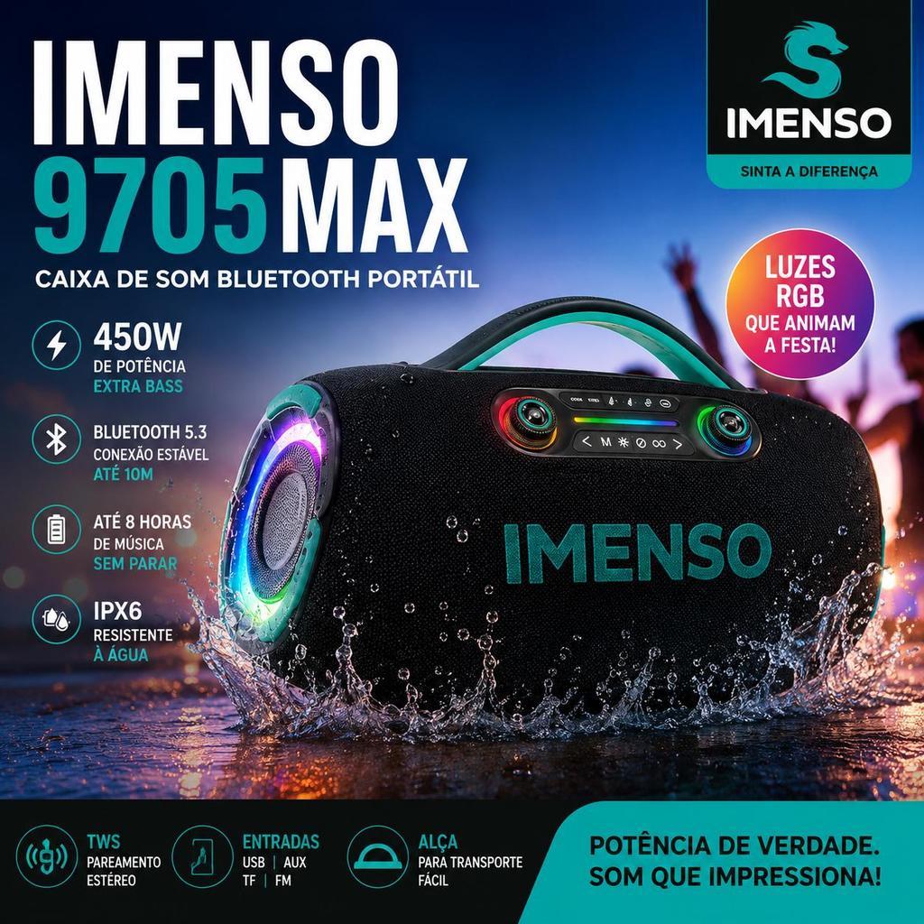 Caixa de Som Portátil IMENSO 450W De Potência RMS Resistente água IPX6 BT/TWS/RGB Bateria 40000mAh Extra Bass