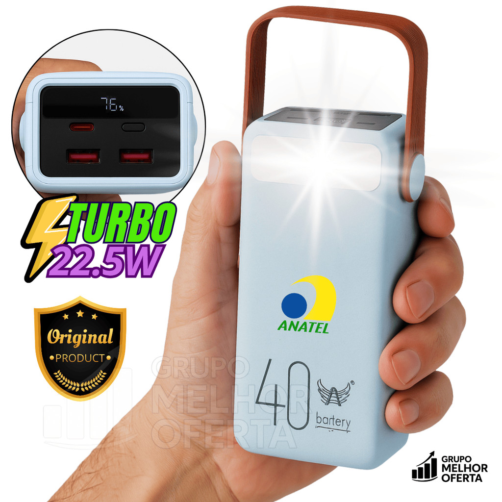 Power bank Turbo 40000mAh Portátil  22.5W  Bateria Lanterna Alça de transporte Visor digital LED