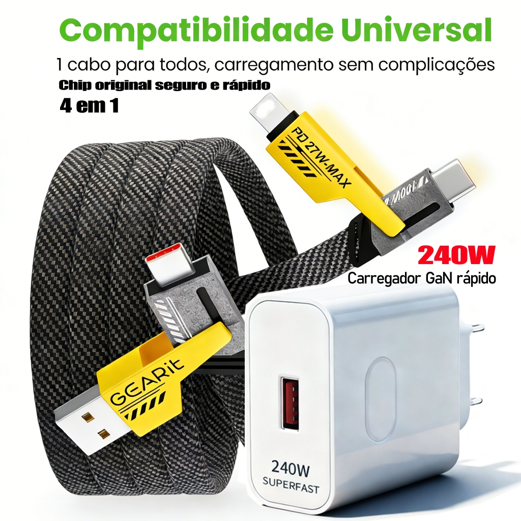 Kit  GaN 240W Duas Portas USB‑A QC3.0+USB‑C PD3.0 com Cabo 4‑em‑1 Trançado 1.2m | Seguro  Durável Compatível Celulares