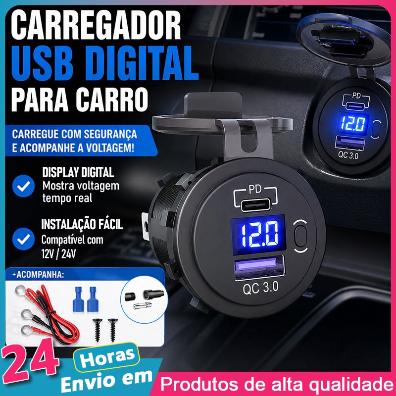 Tomada Carregador Embutida para Veículo USB + Tipo C 12V-24V  PD Carga Rápida com Voltímetro Digital