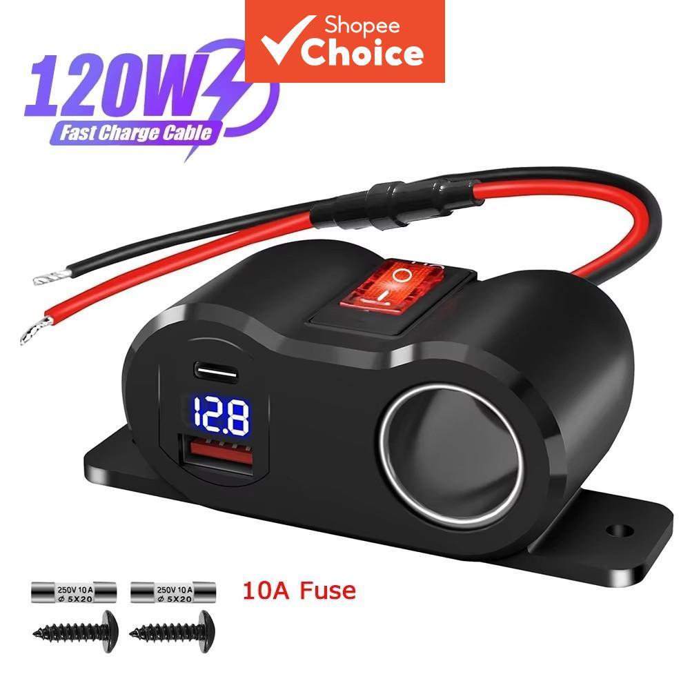Adaptador de carregador automotivo USB rápido com tomada dupla PD3.0 QC3.0 e interruptor - 12V