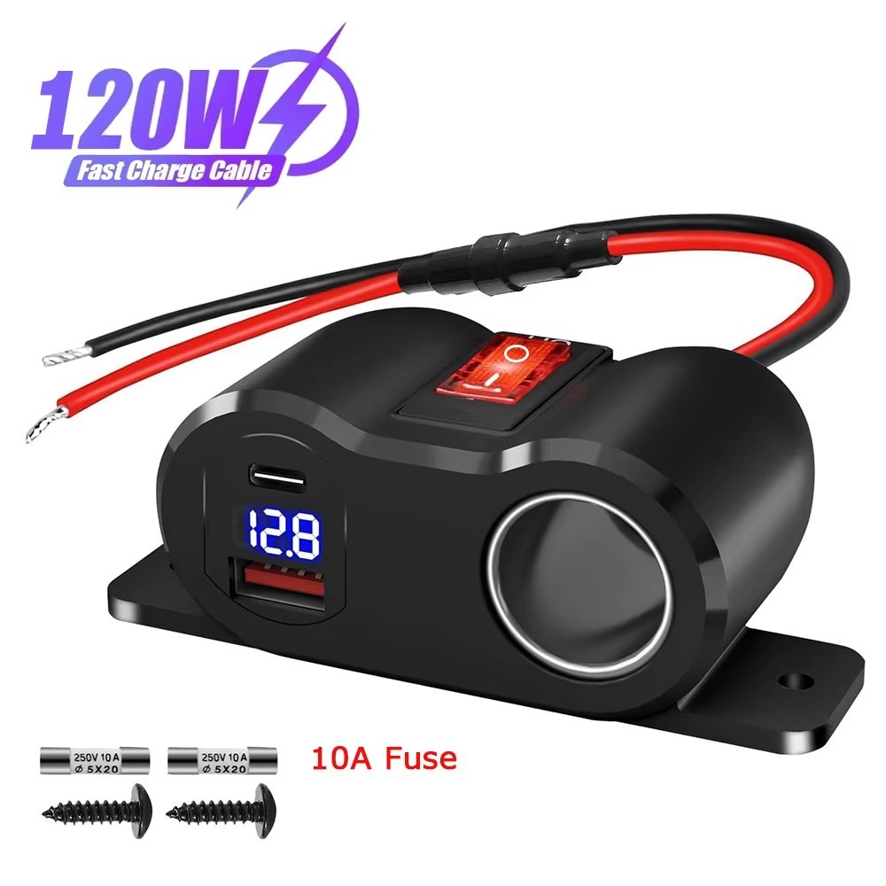 Adaptador de carregador de carro USB rápido, soquete duplo com PD3.0 QC3.0 e interruptor - 12V
