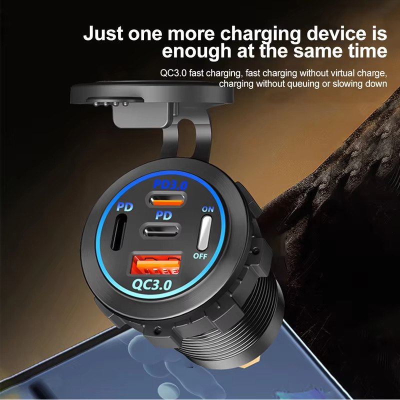 Carregador USB para carro à prova d'água 12v 24v Pd3 Qc3 carregamento rápido com voltímetro