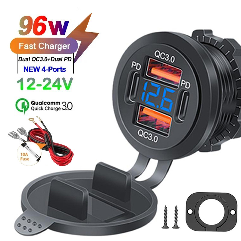 Carregador De Carro Rápido De 4 Portas 96W PD3.0 + QC3.0 Com Display LED-iPhone Samsung Huawei Compatível À Prova D'água