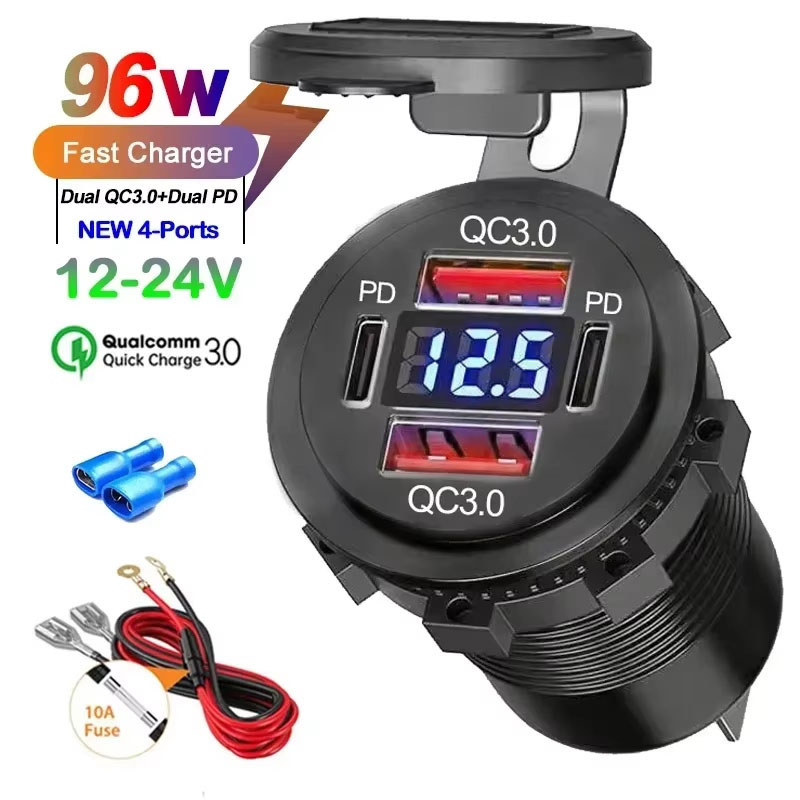 Carregador De Carro 96W PD3.0 + QC3.0 Carregamento Rápido Com Voltímetro Tomada Adaptador De Energia À Prova D'água Para