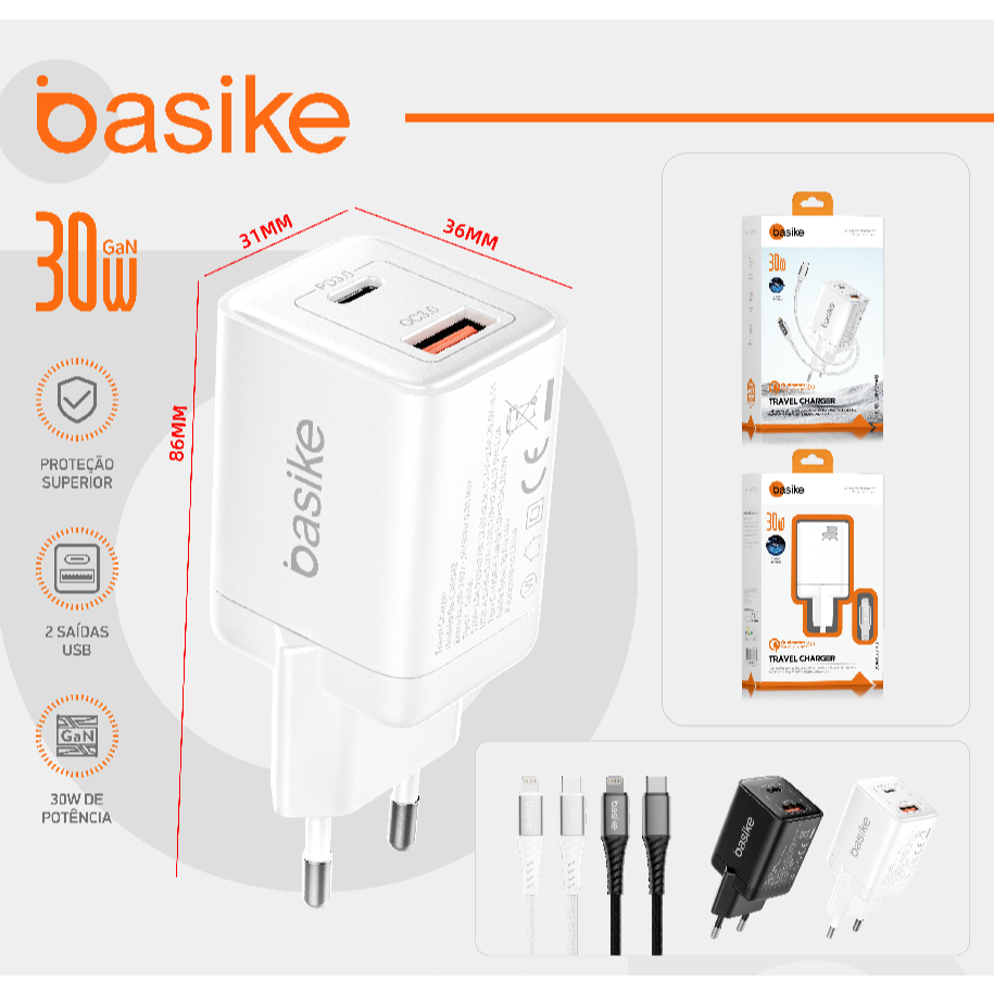 BASIKE GaN Desktop Charger 30W Duas Portas PD3.0 QC3.0 Cabo USB-C para Lightning Compatível iOS