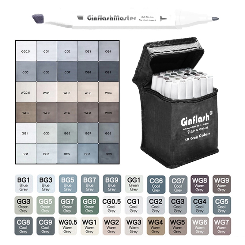 Ginflash Fine & Chisel 30/10Colors Tom Cinza Conjunto De Cores Marcadores De Arte Combinando Esboço Caneta À Base De Álcool Cabeça Dupla Manga Drawing Art Supplies