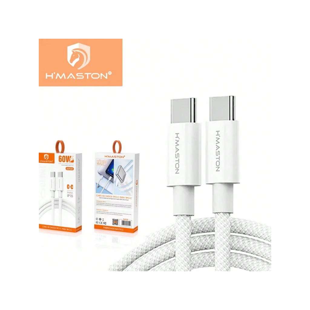 Cabo de Dados 60W Tipo C Reforcado Nylon Trancado Carregamento Rapido Compatível Android iPhone Celular Tablet USB-C