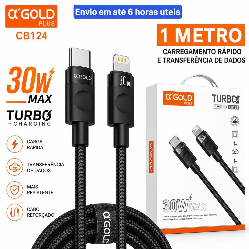 Cabo Carregador USB-C 60W A'GOLD Original CB131 Tipo C Reforçado para Celular, Tablet e Notebook