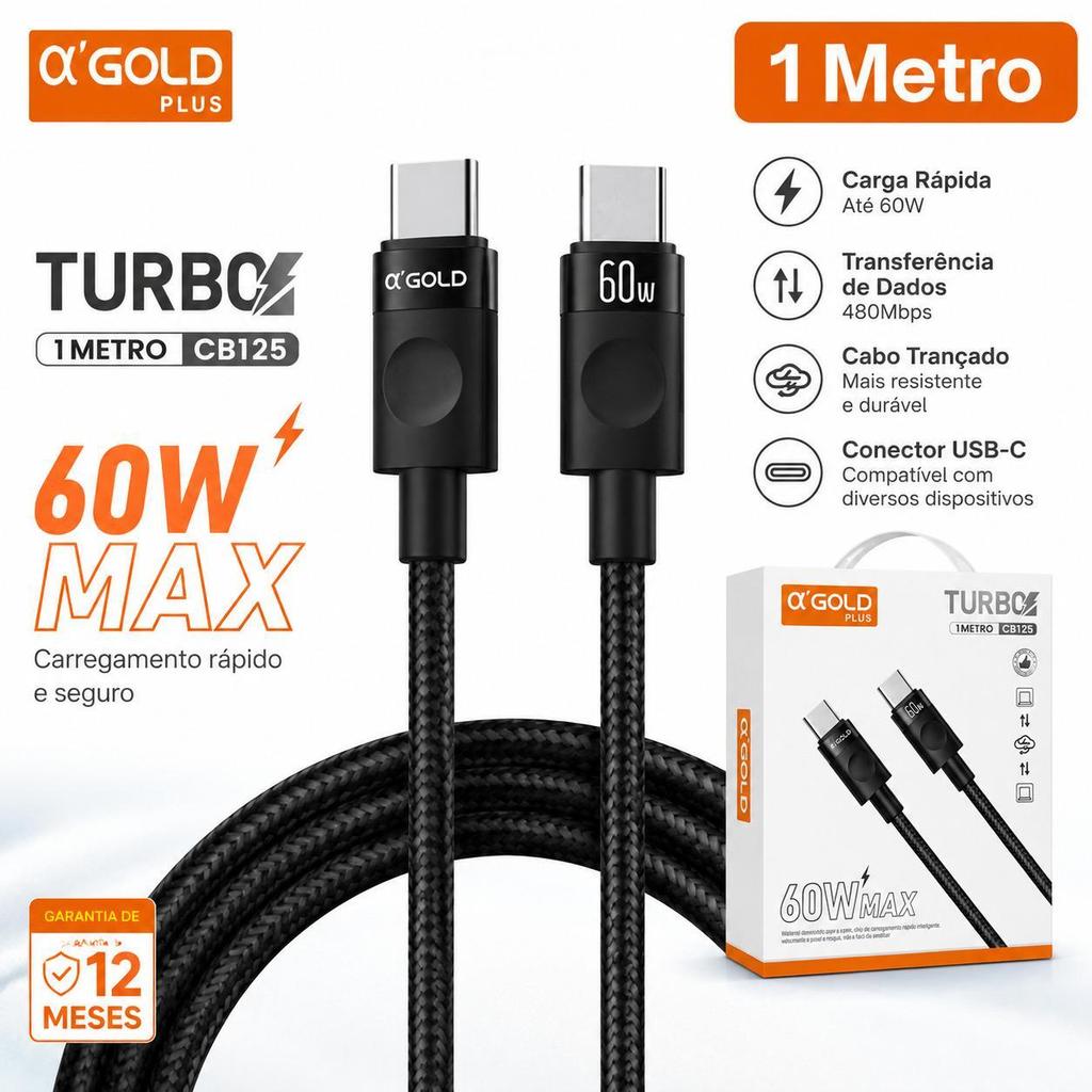 Cabo Carregador USB-C 60W A'GOLD Original CB131 Tipo C Reforçado para Celular, Tablet e Notebook