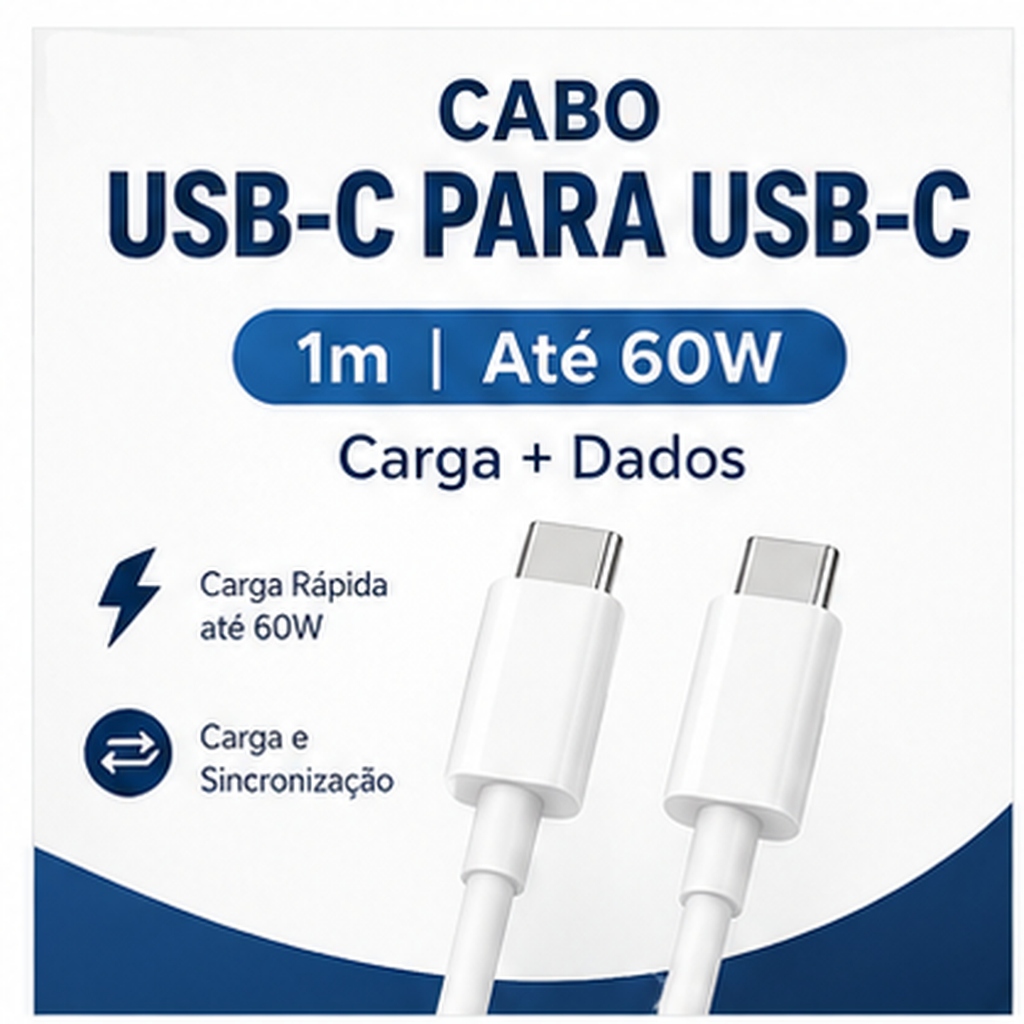 Cabo USB-C para USB-C 1m 60W com Carga e Dados Branco para Celular Tablet Notebook Uso Diário